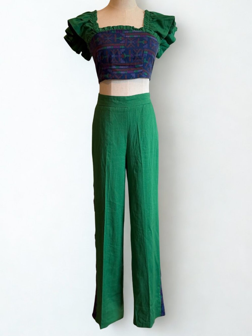 Rachel Zoe 2 Piece Set Green Linen Blend Crop Top Wide Leg Pants Cottagecore XS